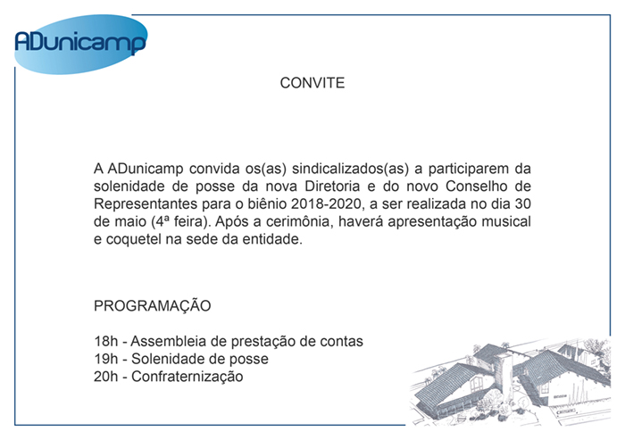 2018 05 21 site CONVITE POSSE 2018 2020 verso — CONVITE | Posse da Diretoria e do Conselho de Representantes da ADunicamp para o biênio 2018-2020 — ADunicamp